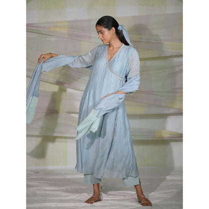 DEEPTHEE Icy Blue Hand Embellished Kalli Angarkha Kurta with Pant & Dupatta (Set of 3)