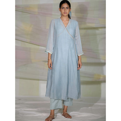 DEEPTHEE Icy Blue Hand Embellished Kalli Angarkha Kurta with Pant & Dupatta (Set of 3)