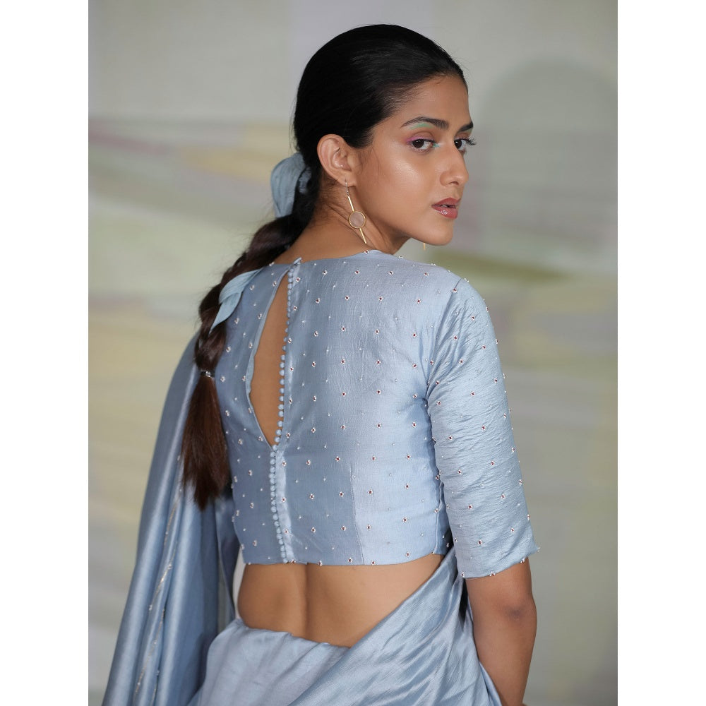 DEEPTHEE Icy Blue Hand Embroidered Ada Line Saree with Stitched Blouse