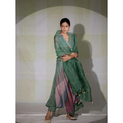 DEEPTHEE Multi Colour Colorblock Phool Guchha Crossover Kurta with Pant & Dupatta (Set of 3)