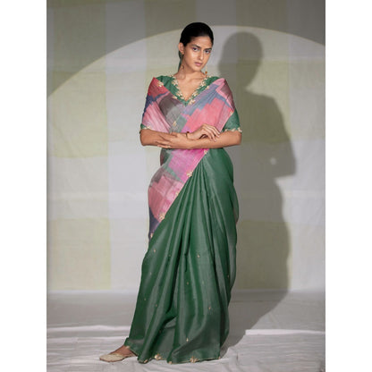 DEEPTHEE Green Colorblock Hand Embellished Saree with Stitched Blouse