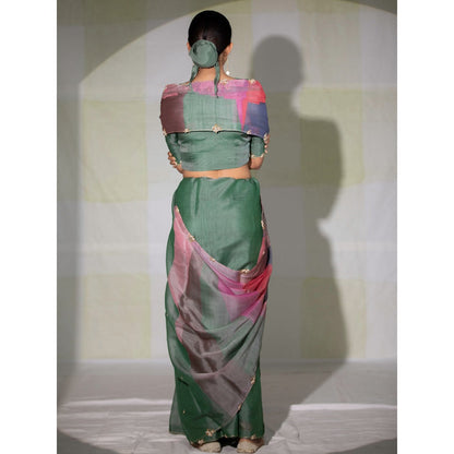 DEEPTHEE Green Colorblock Hand Embellished Saree with Stitched Blouse