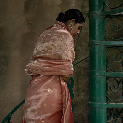 DEEPTHEE Blush Peach Hand Embellished Tissue Silk Saree with Stitched Blouse