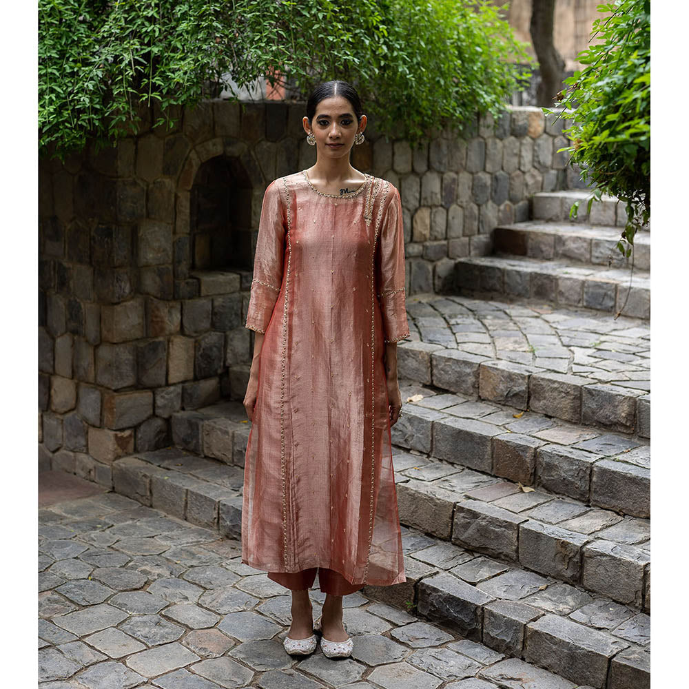 DEEPTHEE Blush Peach Hand Embroidered Kurta with Straight Pant (Set of 2)