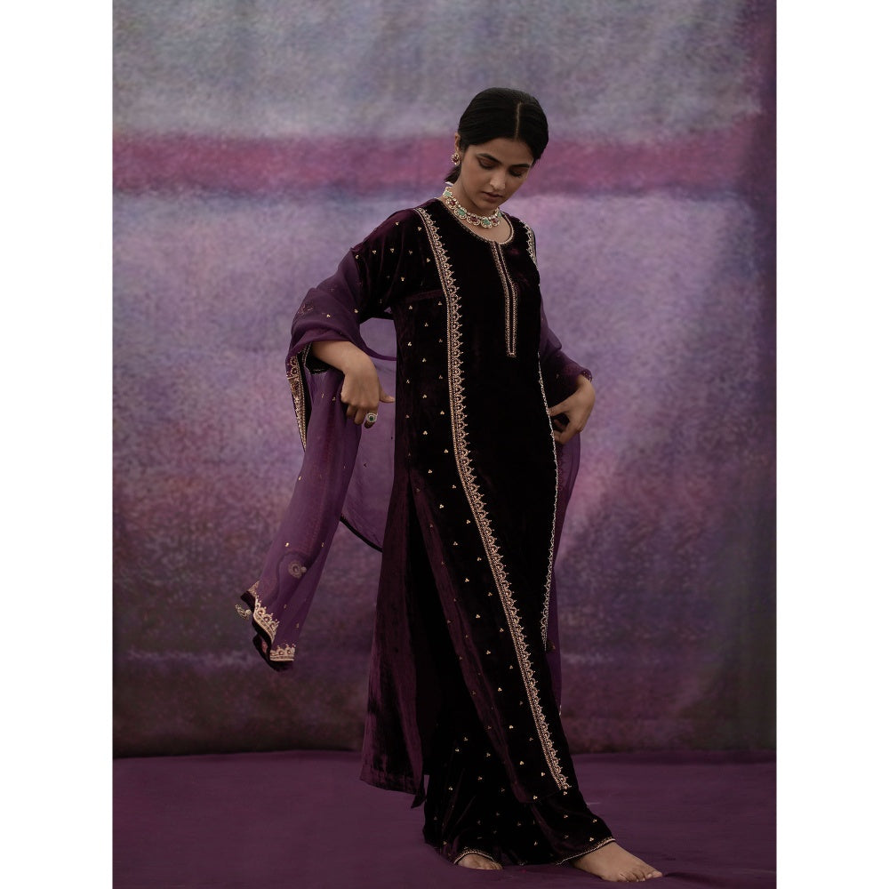 DEEPTHEE Burgundy Moti Scallop Embellished Kurta with Pant & Dupatta (Set of 3)