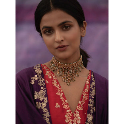 DEEPTHEE Purple Jaal Hand Embroidered Saree with Red Blouse