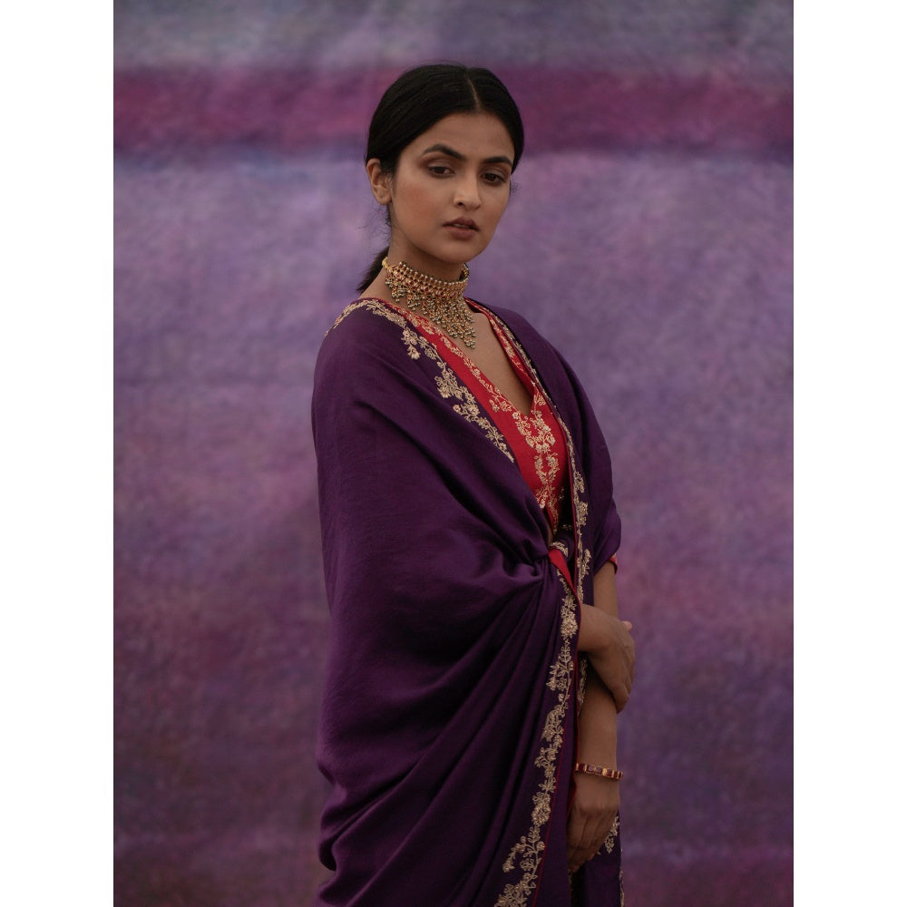 DEEPTHEE Purple Jaal Hand Embroidered Saree with Red Blouse