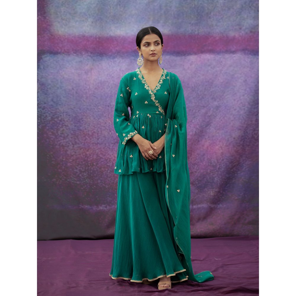DEEPTHEE Green Jaal And Phool Hand Embellished Short Kurta with Sharara & Dupatta (Set of 3)