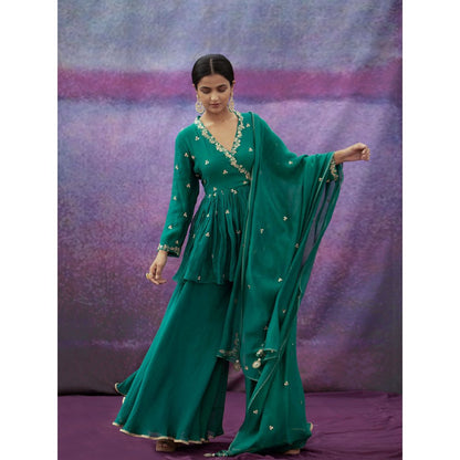 DEEPTHEE Green Jaal And Phool Hand Embellished Short Kurta with Sharara & Dupatta (Set of 3)