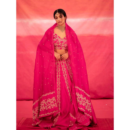DEEPTHEE Pink Hand Embroidered Kalli Lehenga with Blouse & Dupatta (Set of 3)