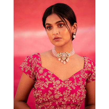 DEEPTHEE Pink Hand Embroidered Kalli Lehenga with Blouse & Dupatta (Set of 3)