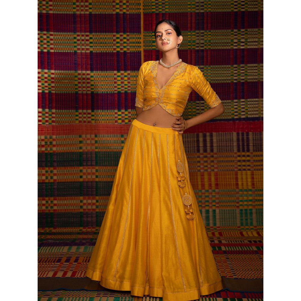 DEEPTHEE Haldi Hand Embellished Kalli Yellow Lehenga with Blouse & Dupatta (Set of 3)