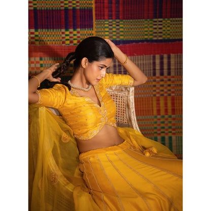 DEEPTHEE Haldi Hand Embellished Kalli Yellow Lehenga with Blouse & Dupatta (Set of 3)