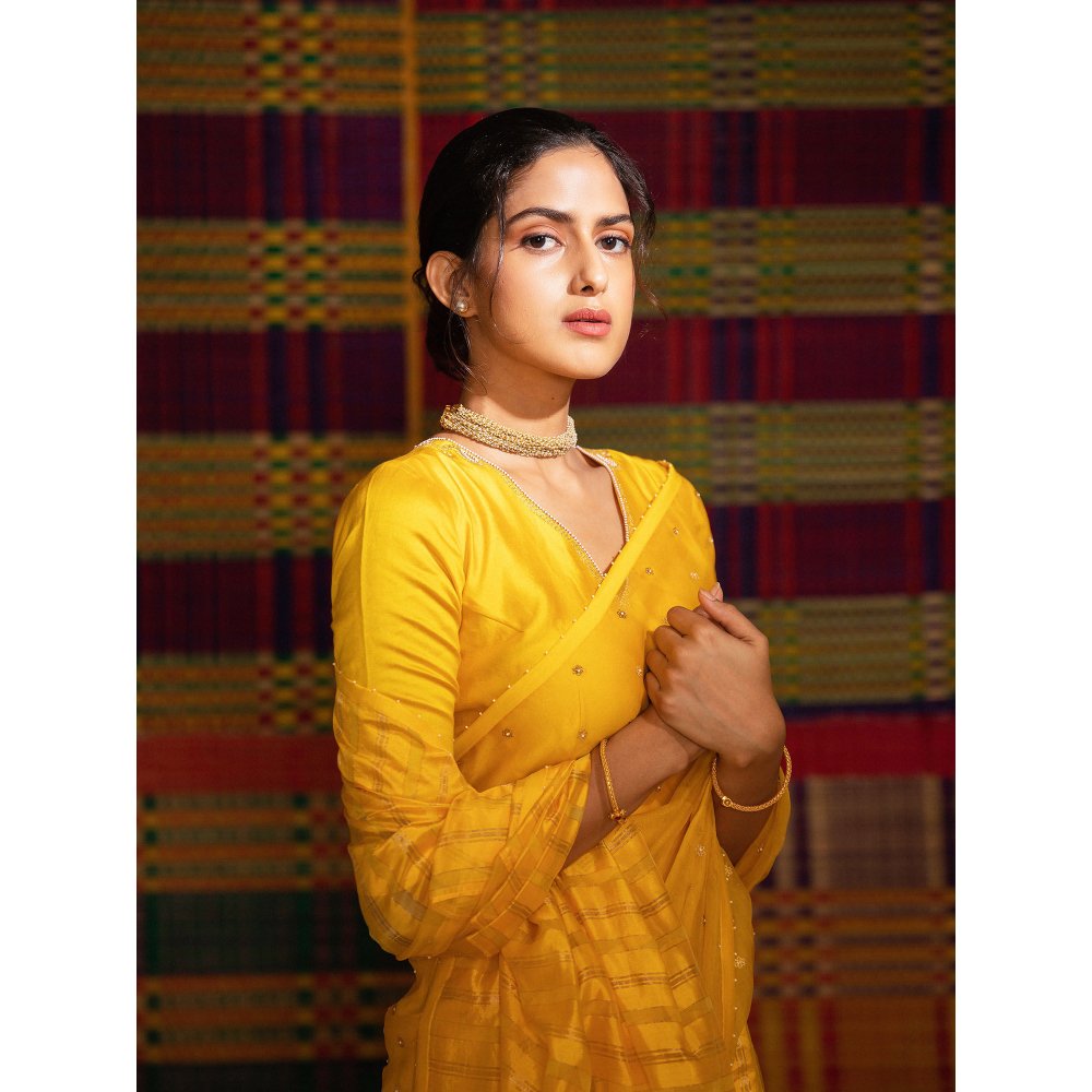 DEEPTHEE Haldi Held Striped Hand Embellished Saree with Stitched Blouse