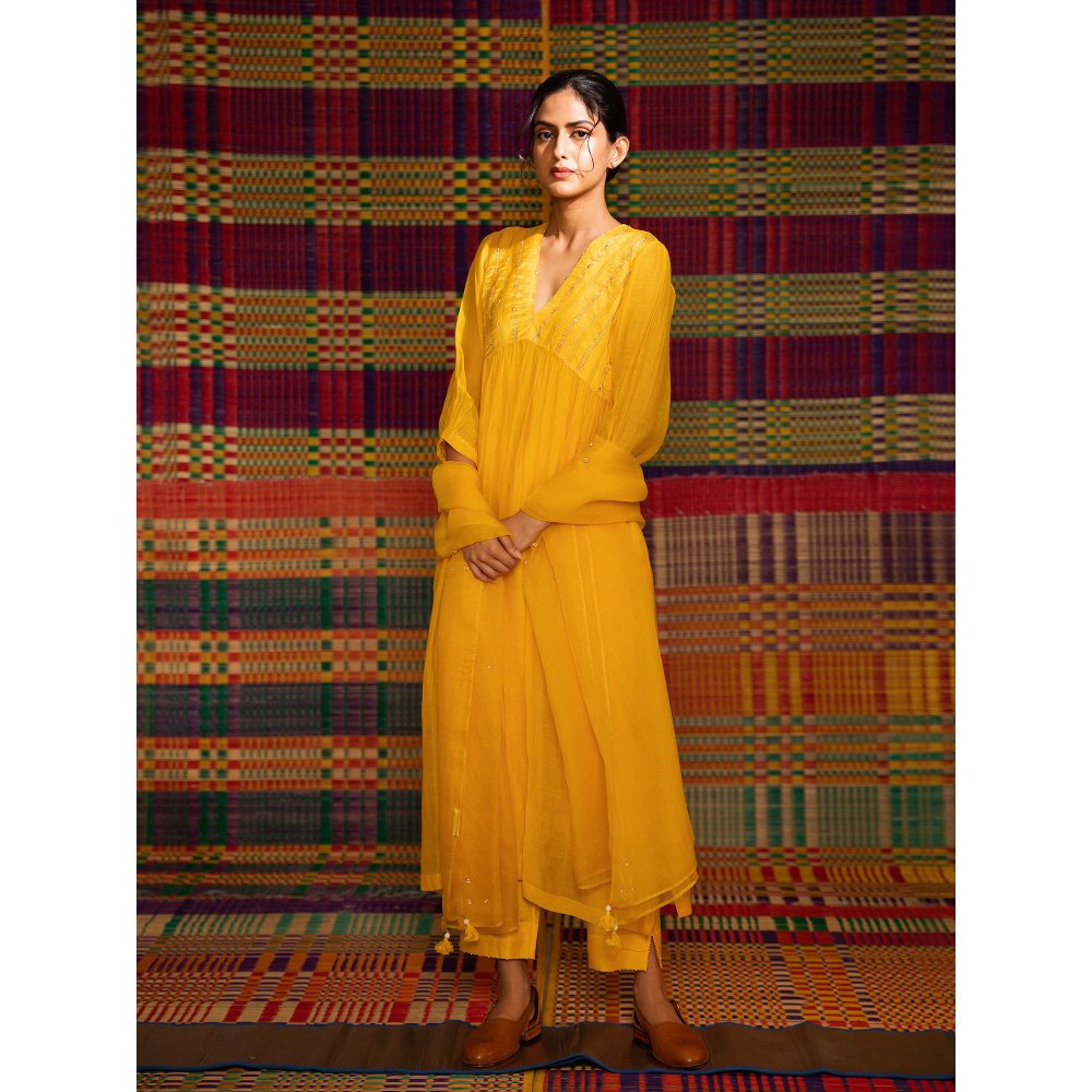DEEPTHEE Haldi Hand Embellished Gathered Yellow Kurta & Pant with Dupatta And Slip (Set of 4)