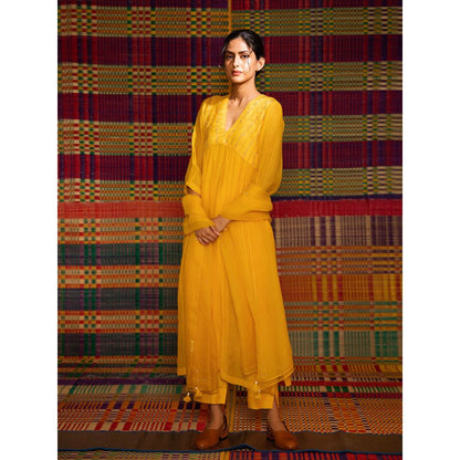 DEEPTHEE Haldi Hand Embellished Gathered Yellow Kurta & Pant with Dupatta And Slip (Set of 4)