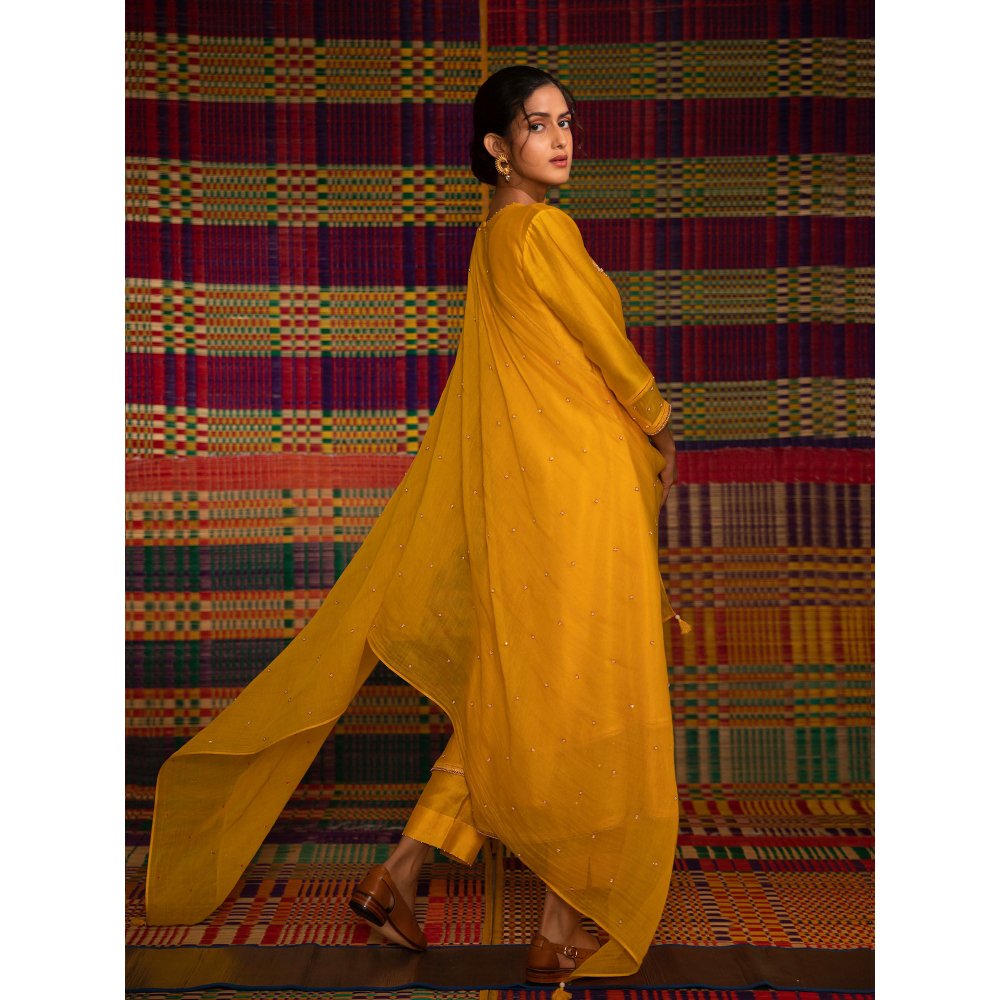DEEPTHEE Haldi Yoke Outline Hand Embellished Yellow Kurta with Pant & Dupatta (Set of 3)