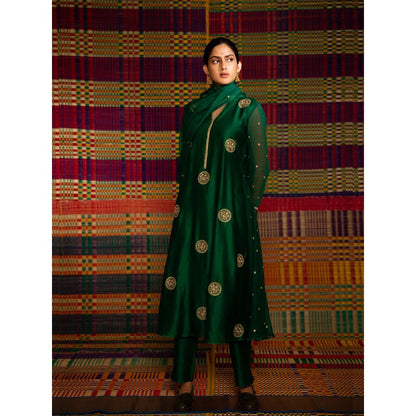 DEEPTHEE Haritah Hand Embroidered Kalli Gusset Green Kurta with Pant & Dupatta (Set of 3)