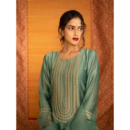 DEEPTHEE Turquoise Hand Embroidered Kurta with Skirt & Dupatta (Set of 3)