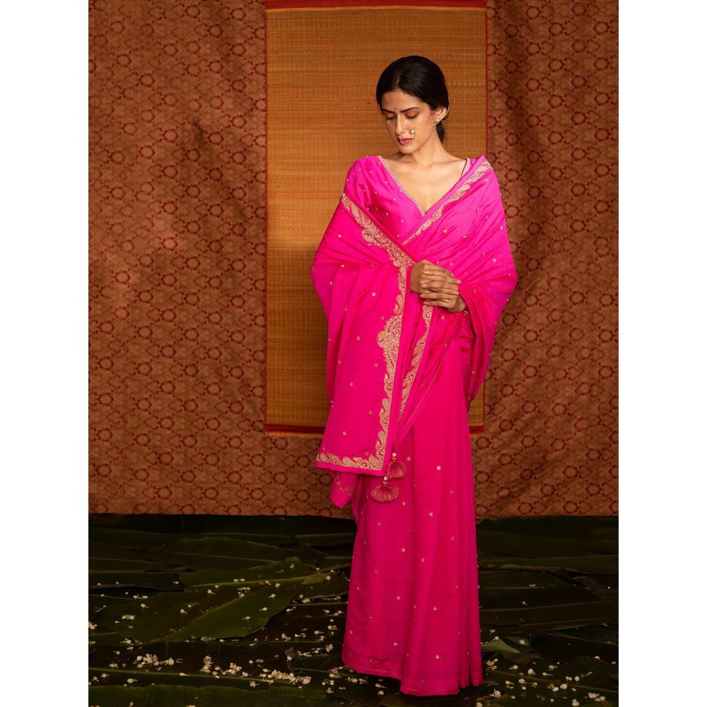 DEEPTHEE Fuchsia Pink Hand Embellished Silk Saree with V Neck Stitched Blouse