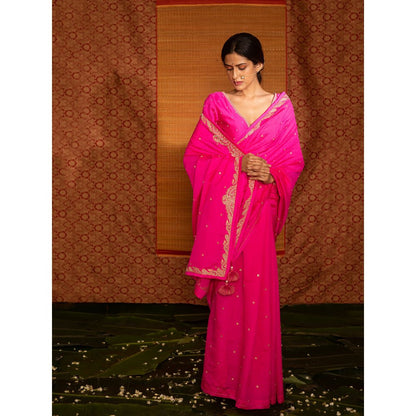 DEEPTHEE Fuchsia Pink Hand Embellished Silk Saree with V Neck Stitched Blouse
