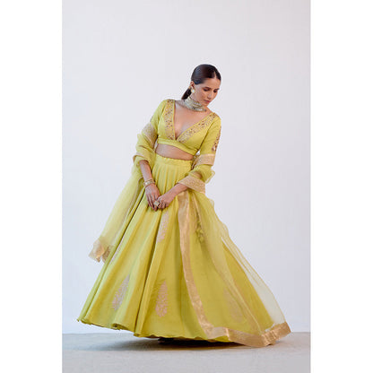 Devnaagri Lime Green Resham Embroidered Cotton Silk Lehenga (Set of 3)