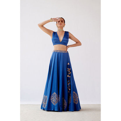 Devnaagri Blue Dori Embroidered Cotton Silk Lehenga (Set of 3)