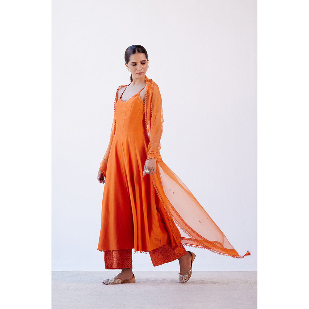 Devnaagri Orange Sleeveless Chanderi Anarkali (Set of 3)