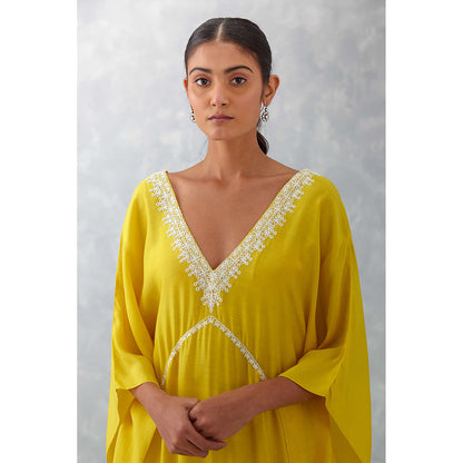 Devnaagri Yellow Embroidered Muslin Kaftan (Set of 2)