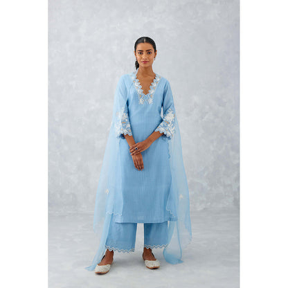 Devnaagri Ice Blue Pink Embroidered Woven Chanderi Palazzo (Set of 3)