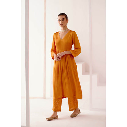 Devnaagri Rust Orange Cotton Silk Satin Kurta with Palazzo (Set of 3)