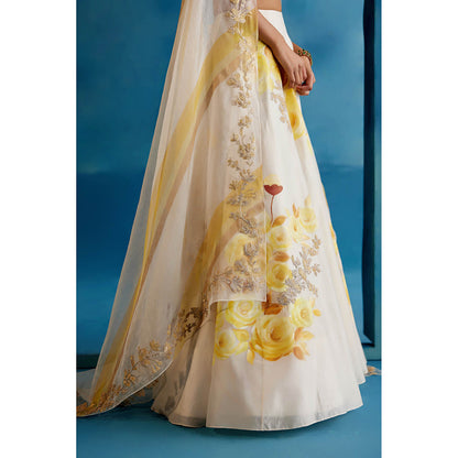 Devnaagri Ivory And Yellow Silk Chanderi Hand Painted Embroidered Lehenga (Set of 3)
