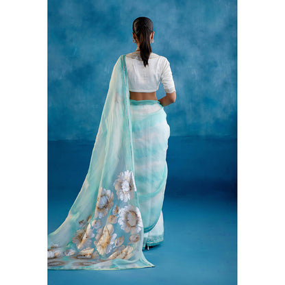 Devnaagri Aqua Blue Silk Organza Hand Painted Saree with Stitched Blouse