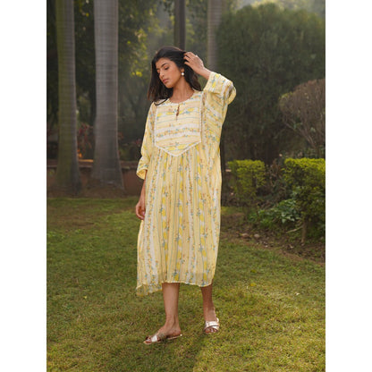 Dhaari by Deepika Handwoven Dress with Hand Paint & Kantha Embroidery with Pearls Neckline