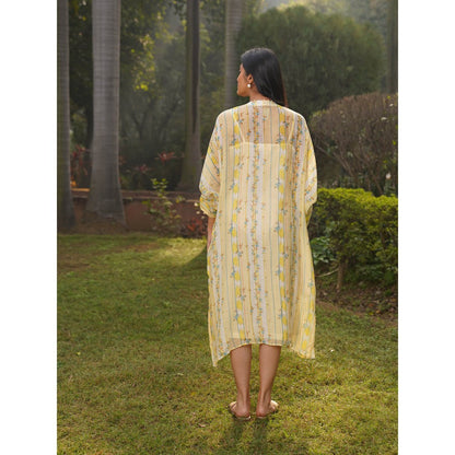 Dhaari by Deepika Handwoven Dress with Hand Paint & Kantha Embroidery with Pearls Neckline