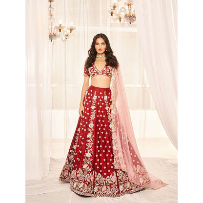 DISHA MUCHHALA Blood Red Bridal Lehenga with Blouse and Dupatta (Set of 3)