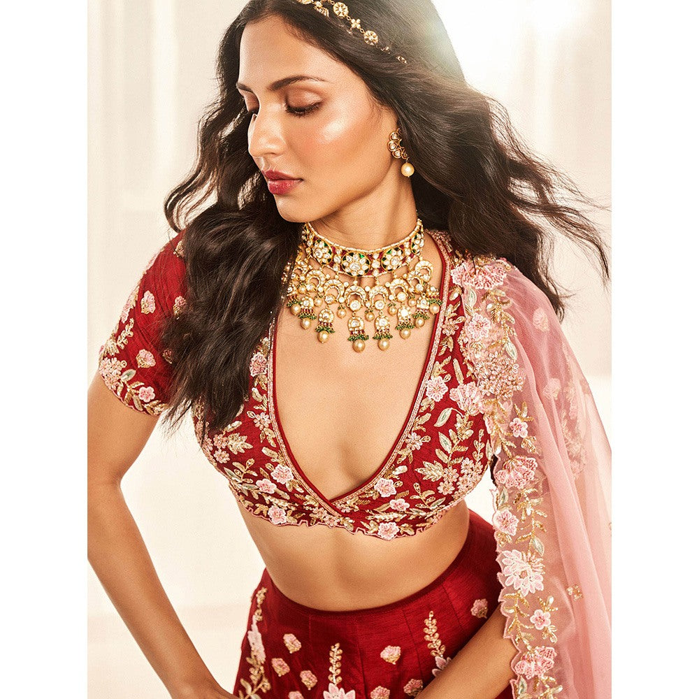 DISHA MUCHHALA Blood Red Bridal Lehenga with Blouse and Dupatta (Set of 3)