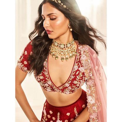 DISHA MUCHHALA Blood Red Bridal Lehenga with Blouse and Dupatta (Set of 3)