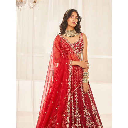 DISHA MUCHHALA Cherry Red Bridal Lehenga with Blouse and Dupatta (Set of 3)