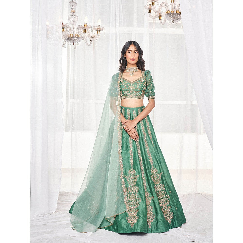 DISHA MUCHHALA Teal Green Bridal Lehenga with Blouse and Dupatta (Set of 3)