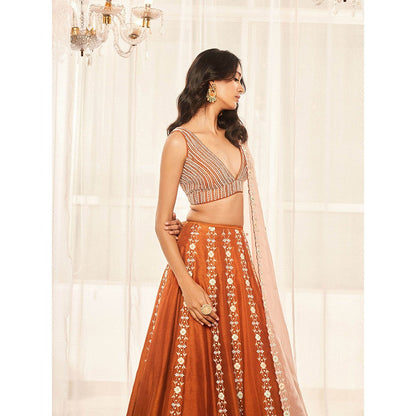 DISHA MUCHHALA Burnt Orange Lehenga with Blouse and Dupatta (Set of 3)