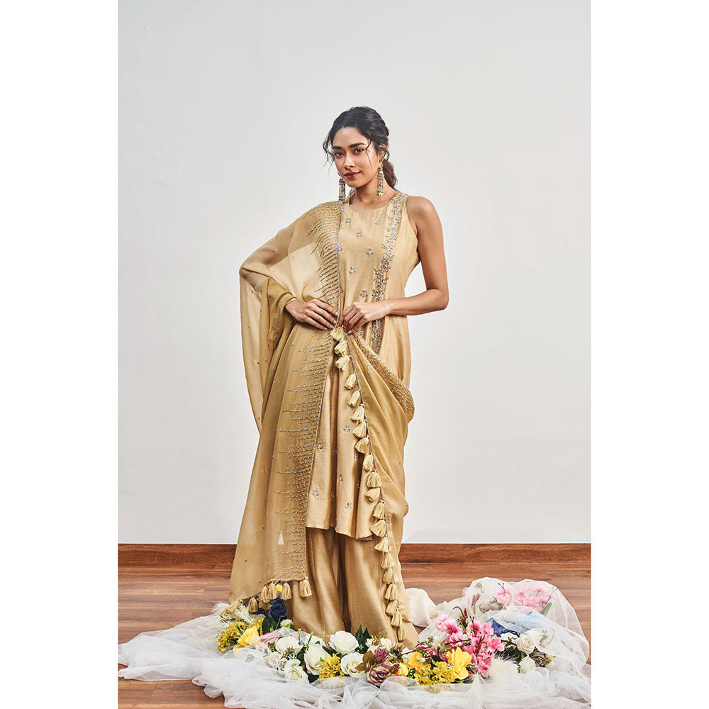 DISHA MUCHHALA Gold Kalidar Embellished Kurta with Palazzo and Dupatta (Set of 3)