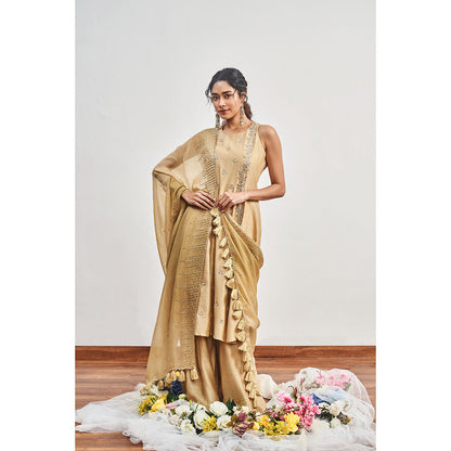 DISHA MUCHHALA Gold Kalidar Embellished Kurta with Palazzo and Dupatta (Set of 3)