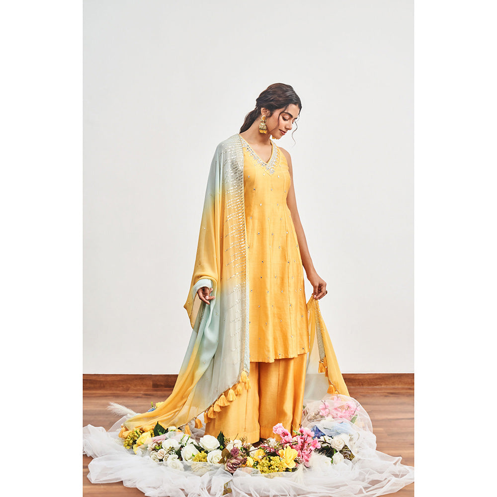 DISHA MUCHHALA Yellow Kalidar Embellished Kurta with Palazzo and Dupatta (Set of 3)