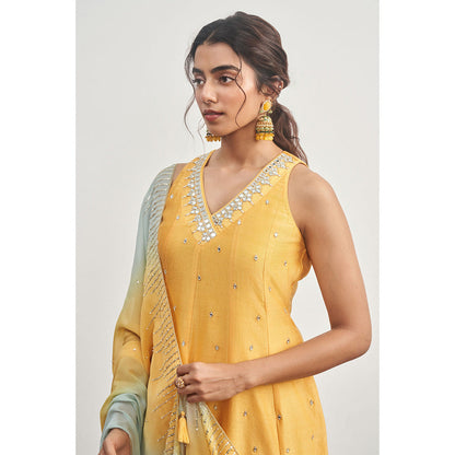 DISHA MUCHHALA Yellow Kalidar Embellished Kurta with Palazzo and Dupatta (Set of 3)