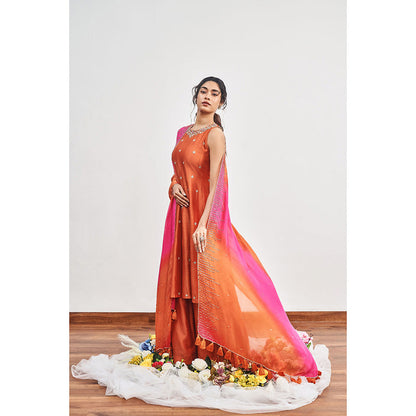DISHA MUCHHALA Burnt Rust Kalidar Embellished Kurta with Palazzo and Dupatta (Set of 3)