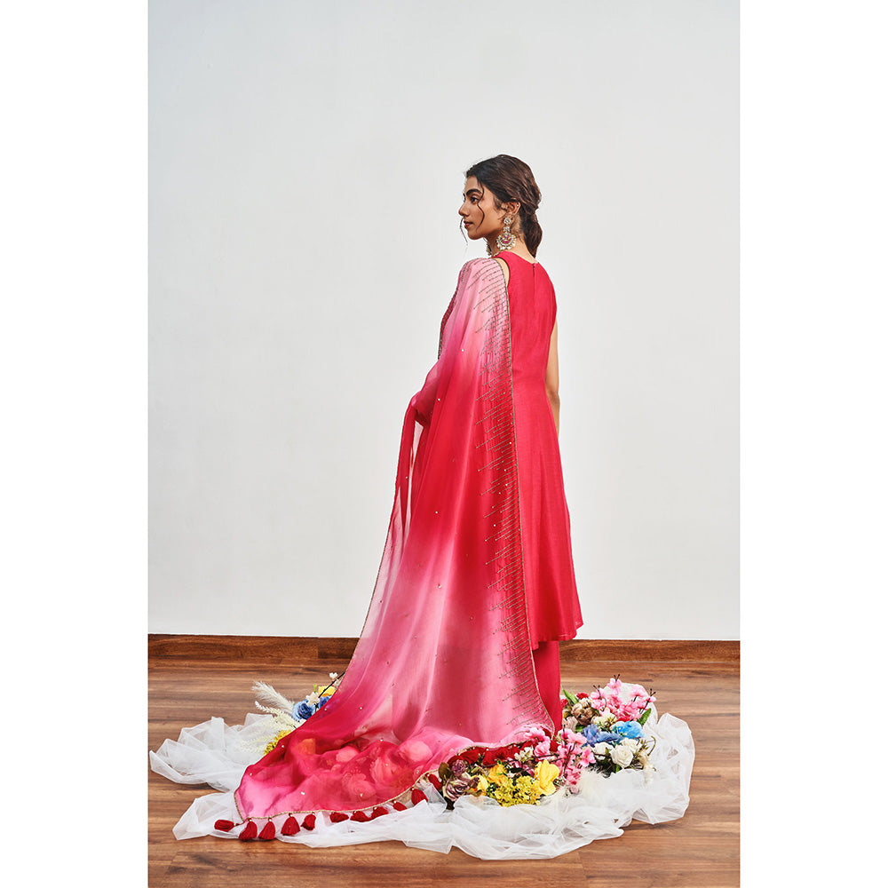 DISHA MUCHHALA Crimson Pink Kalidar Embellished Kurta with Palazzo and Dupatta (Set of 3)