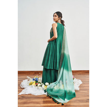 DISHA MUCHHALA Bottle Green Kalidar Embellished Kurta with Palazzo and Dupatta (Set of 3)