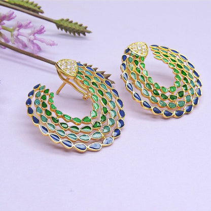 Divino Green 7 Blue Peacock Feathers Earrings