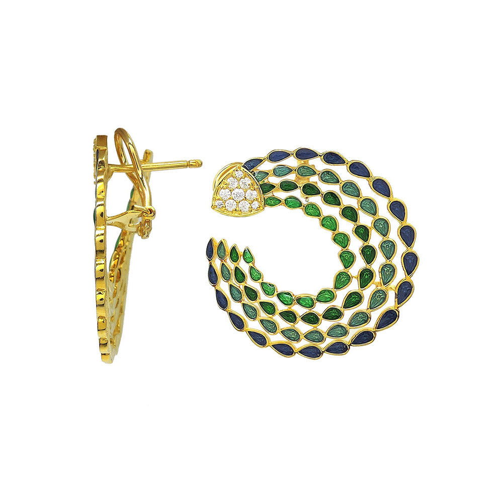 Divino Green 7 Blue Peacock Feathers Earrings
